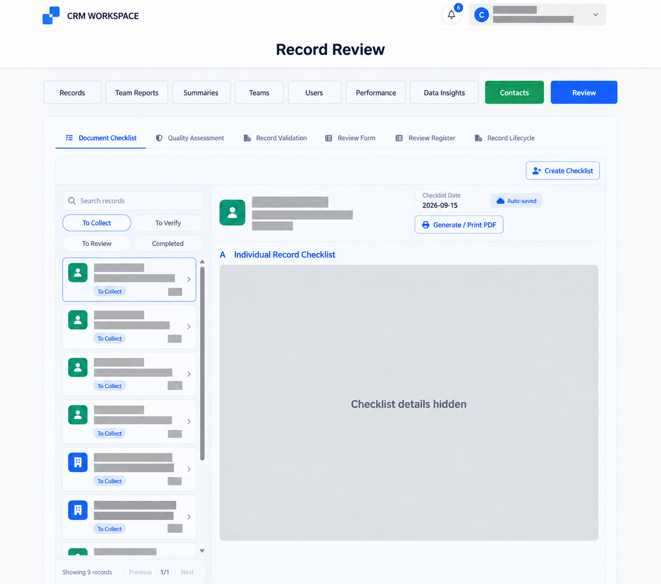 CRM review workspace with customer information and checklist details hidden